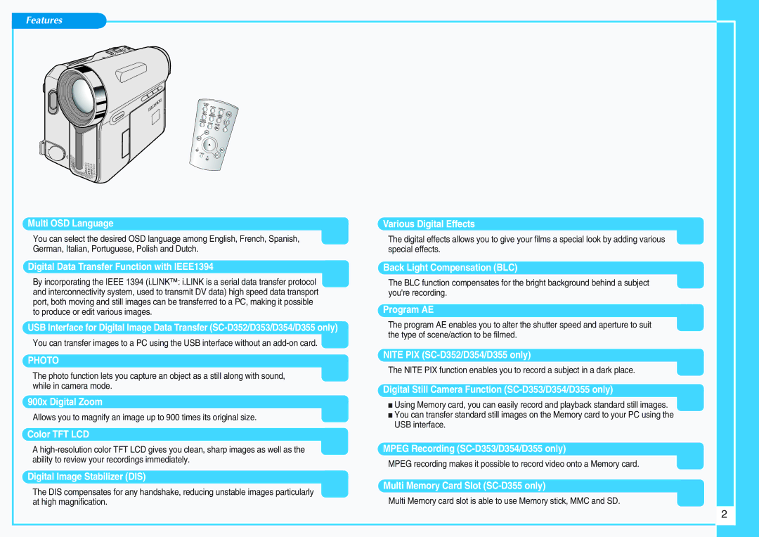 Samsung SC-D351 manual Features, Multi OSD Language 