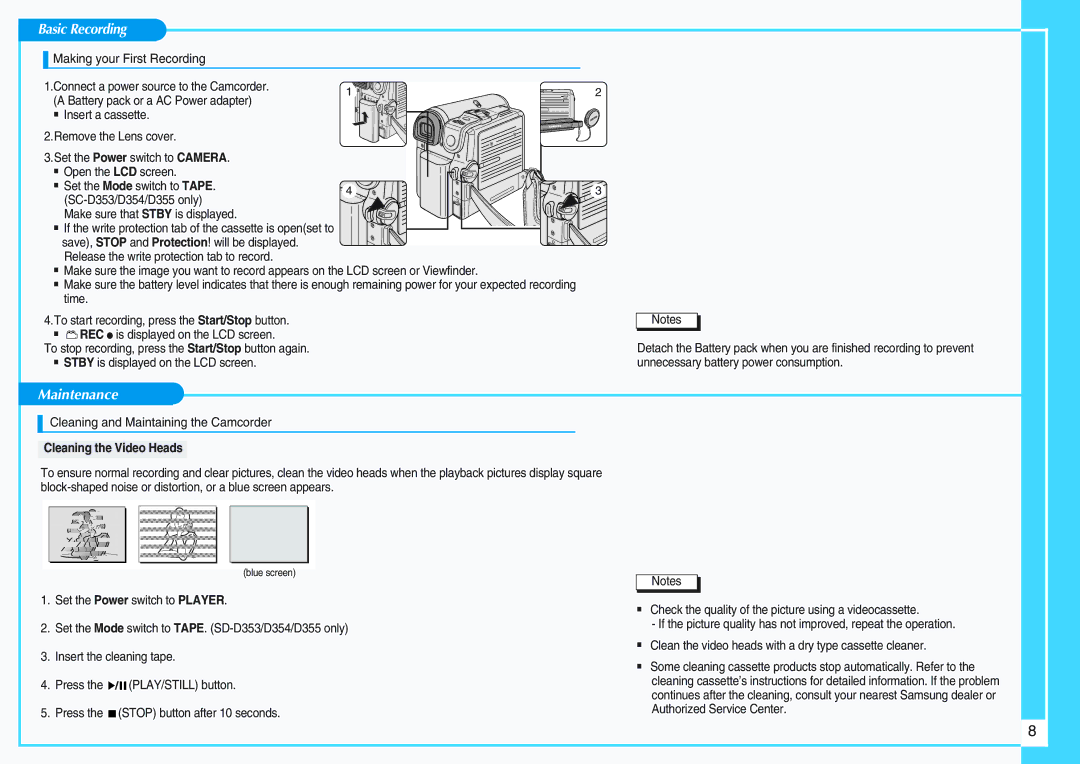 Samsung SC-D351 manual Basic Recording, Maintenance, Cleaning and Maintaining the Camcorder, Cleaning the Video Heads 