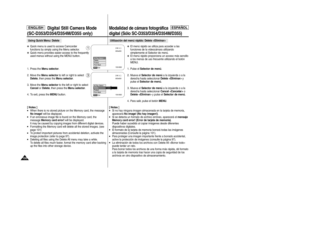 Samsung SC-D354M manual Using Quick Menu Delete, Quick menu is used to access Camcorder, Simplemente el Selector de menú 