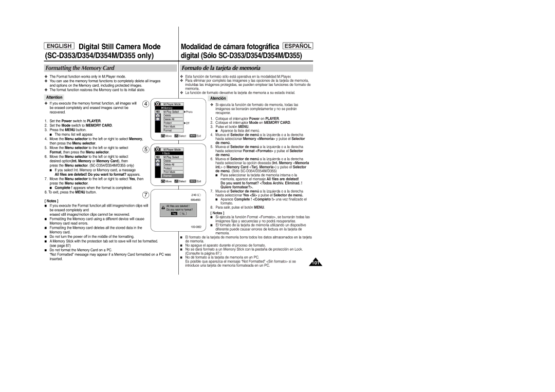 Samsung SC-D354M manual Formatting the Memory Card Formato de la tarjeta de memoria, Atención 