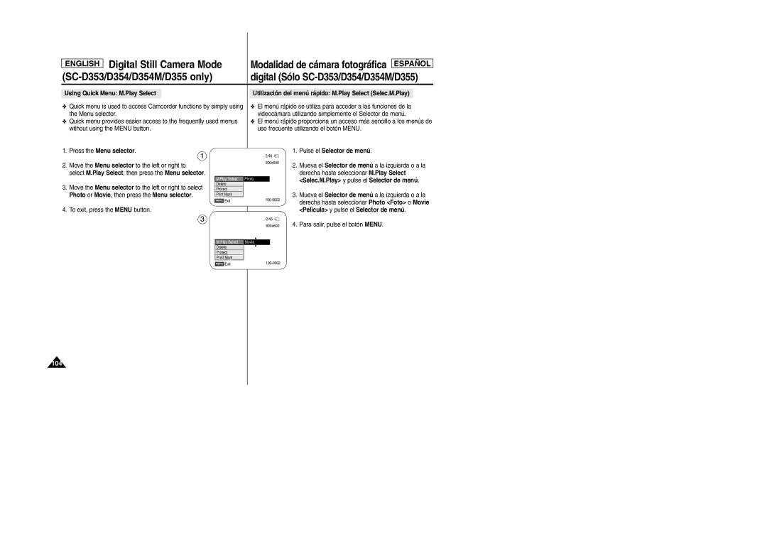 Samsung SC-D354M manual Derecha hasta seleccionar M.Play Select, Photo or Movie , then press the Menu selector 