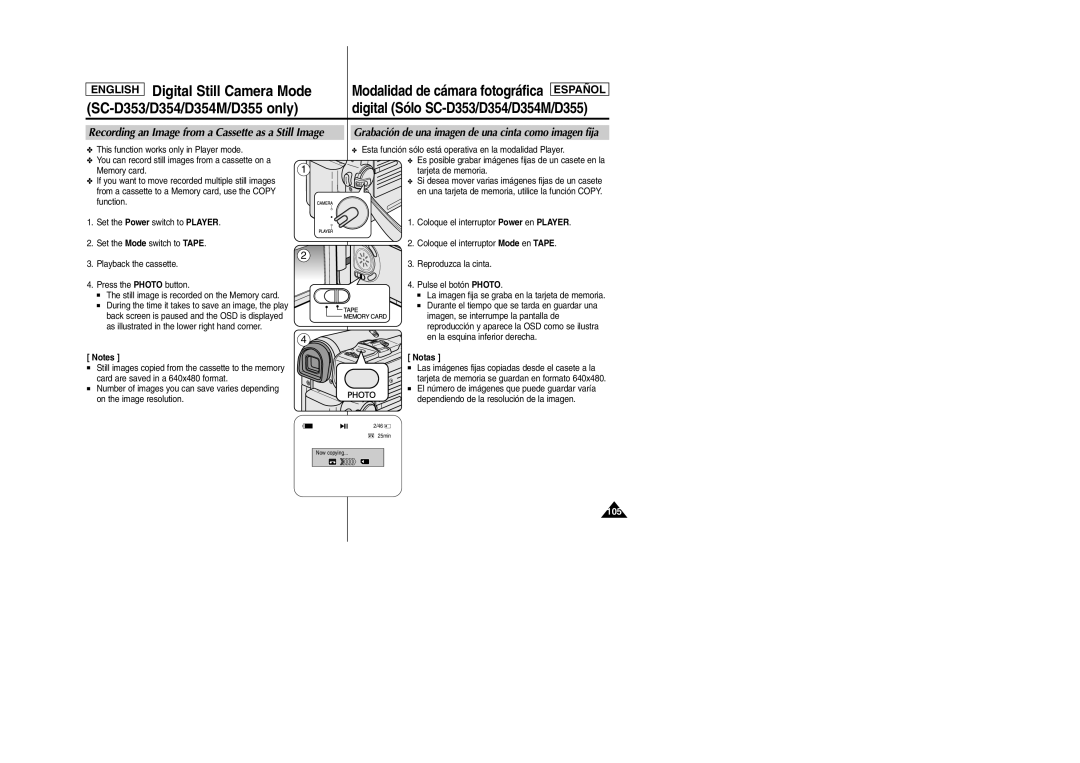 Samsung SC-D354M manual Recording an Image from a Cassette as a Still Image 