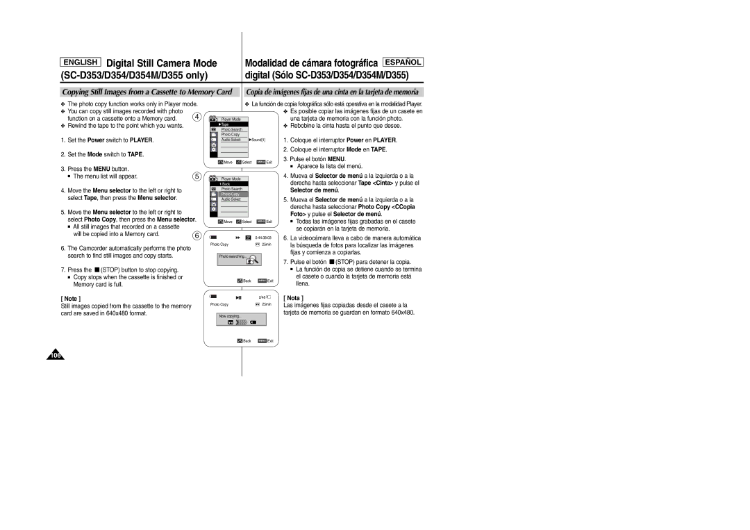 Samsung SC-D354M manual Copying Still Images from a Cassette to Memory Card, Foto y pulse el Selector de menú 