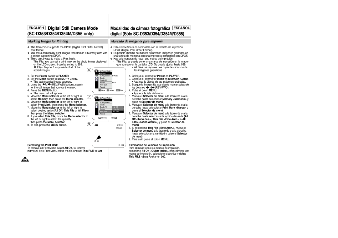 Samsung SC-D354M manual Digital Still Camera Mode, Marking Images for Printing, Marcado de imágenes para imprimir 