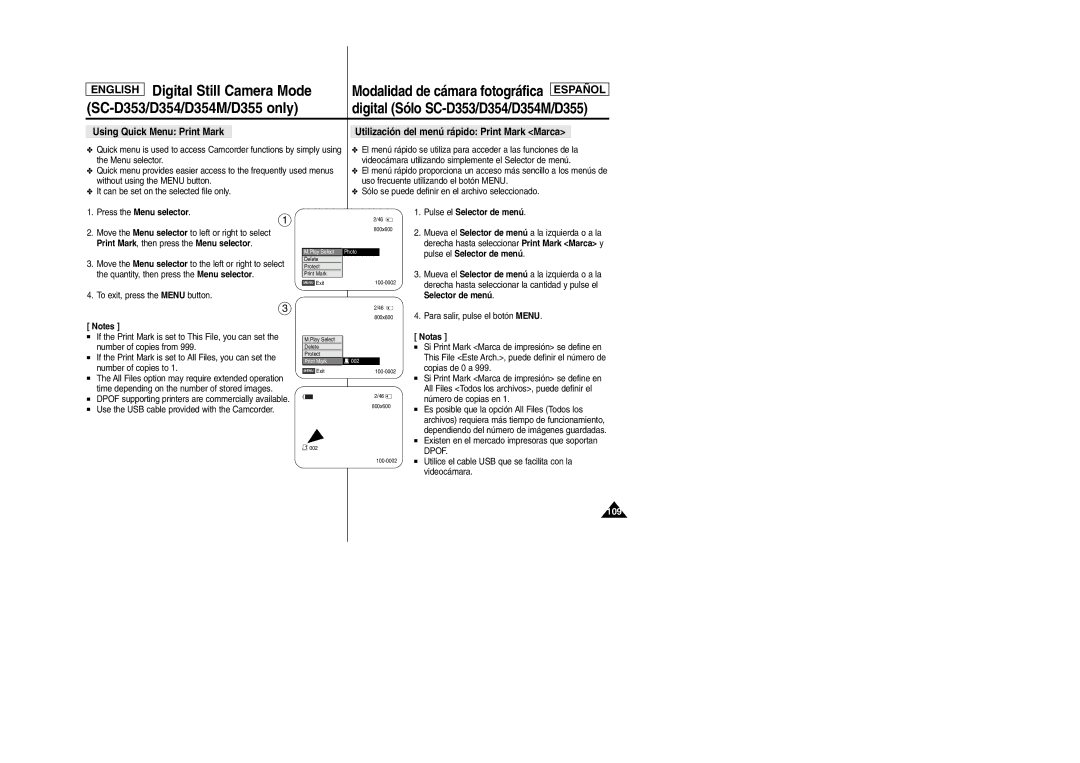 Samsung SC-D354M manual Press the Menu selector Pulse el Selector de menú, Print Mark , then press the Menu selector 