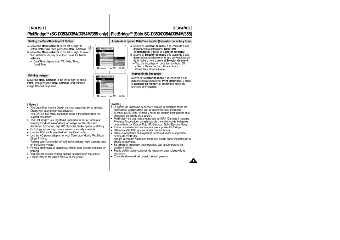 Samsung SC-D354M manual Printing Images, Impresión de imágenes, Setting the Date/Time Imprint Option 