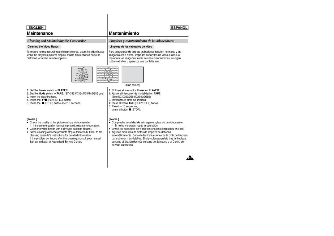 Samsung SC-D354M manual Maintenance Mantenimiento, Cleaning the Video Heads Limpieza de los cabezales de vídeo 