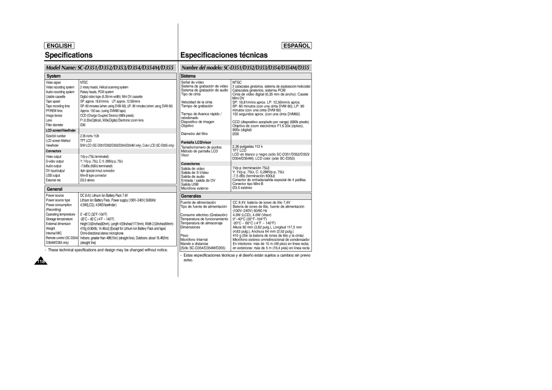 Samsung SC-D354M manual Specifications, Especificaciones técnicas, Model Name SC-D351/D352/D353/D354/D354M/D355 