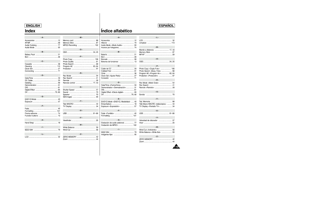 Samsung SC-D354M manual Index, Índice alfabético 