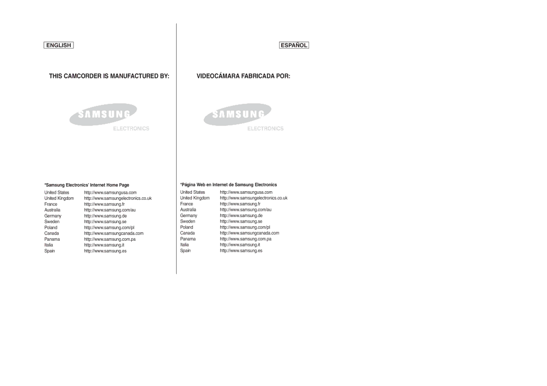 Samsung SC-D354M manual Samsung Electronics’ Internet Home, Página Web en Internet de Samsung Electronics 