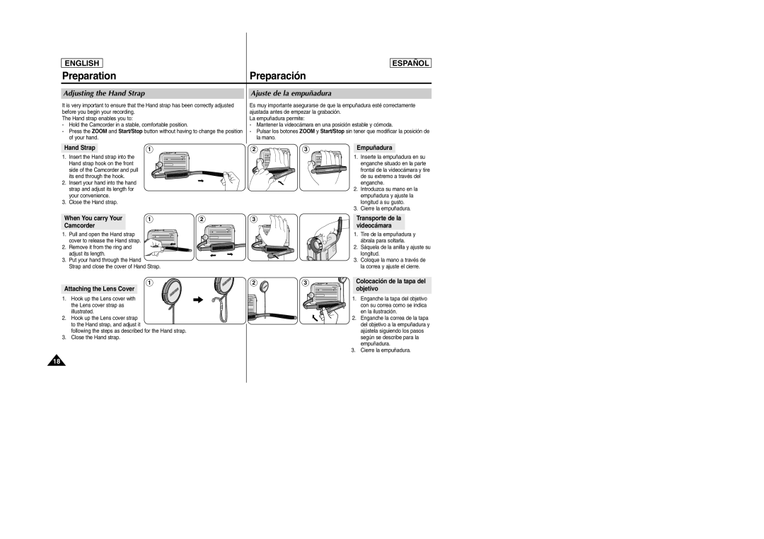 Samsung SC-D354M manual Preparation, Preparación, Adjusting the Hand Strap, Ajuste de la empuñadura 