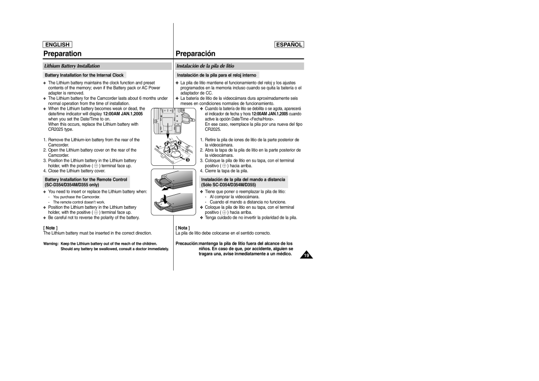 Samsung SC-D354M manual Preparation Preparación, You need to insert or replace the Lithium battery when, Nota 