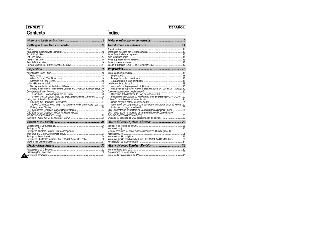 Samsung SC-D354M manual Contents Índice 