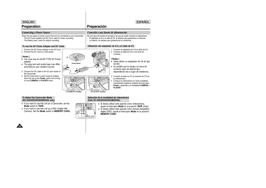 Samsung SC-D354M manual Connecting a Power Source, Conexión a una fuente de alimentación, Notas 