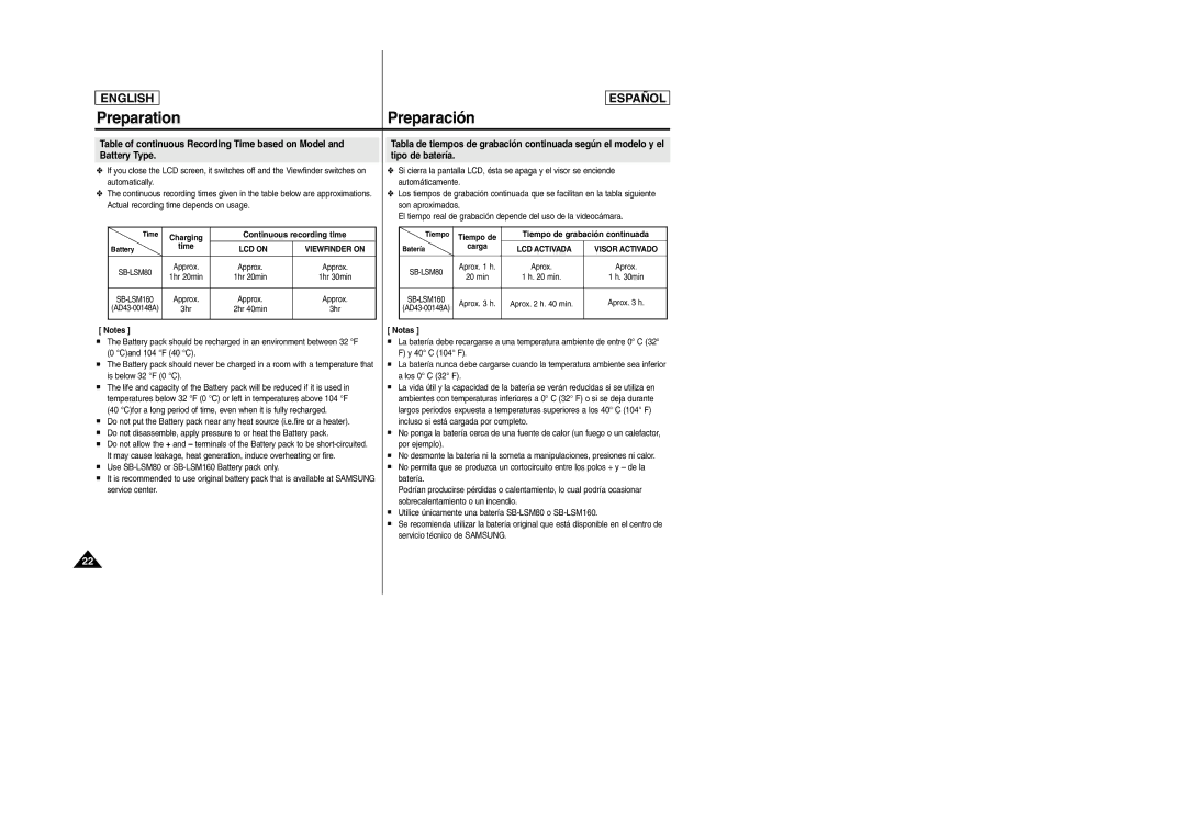 Samsung SC-D354M manual Continuous recording time, Tiempo de grabación continuada, Notas 