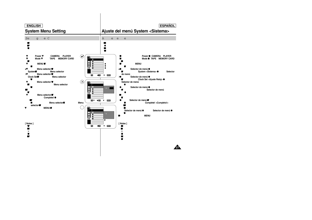 Samsung SC-D354M manual Setting the Clock Ajuste del reloj, System, then press the Menu selector 