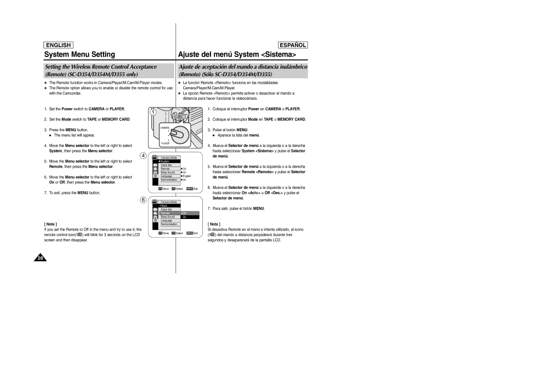 Samsung SC-D354M manual System Menu Setting, De menú, Selector de menú 