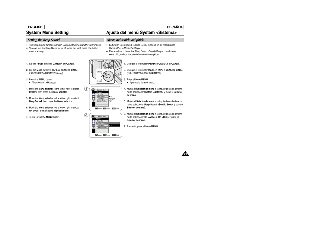 Samsung SC-D354M manual Setting the Beep Sound, Ajuste del sonido del pitido 