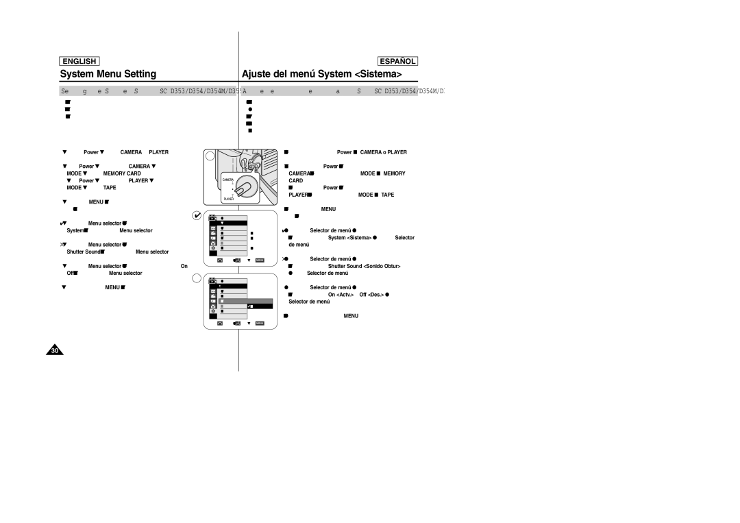 Samsung SC-D354M Setting the Shutter Sound SC-D353/D354/D354M/D355 only, Hasta seleccionar Shutter Sound Sonido Obtur y 