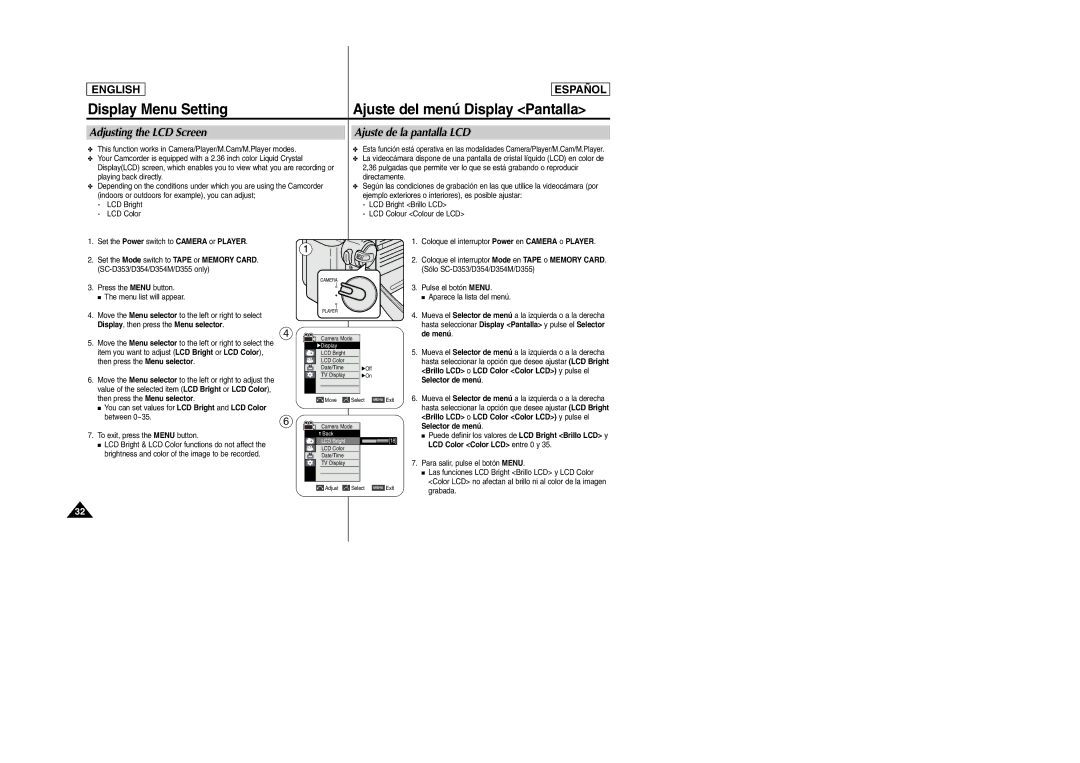 Samsung SC-D354M Display Menu Setting Ajuste del menú Display Pantalla, Adjusting the LCD Screen Ajuste de la pantalla LCD 