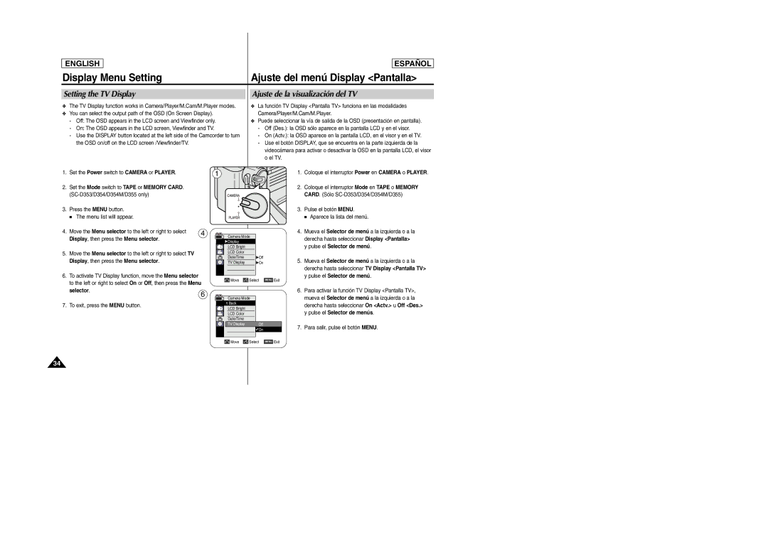 Samsung SC-D354M manual Setting the TV Display, Ajuste de la visualización del TV, Display , then press the Menu selector 