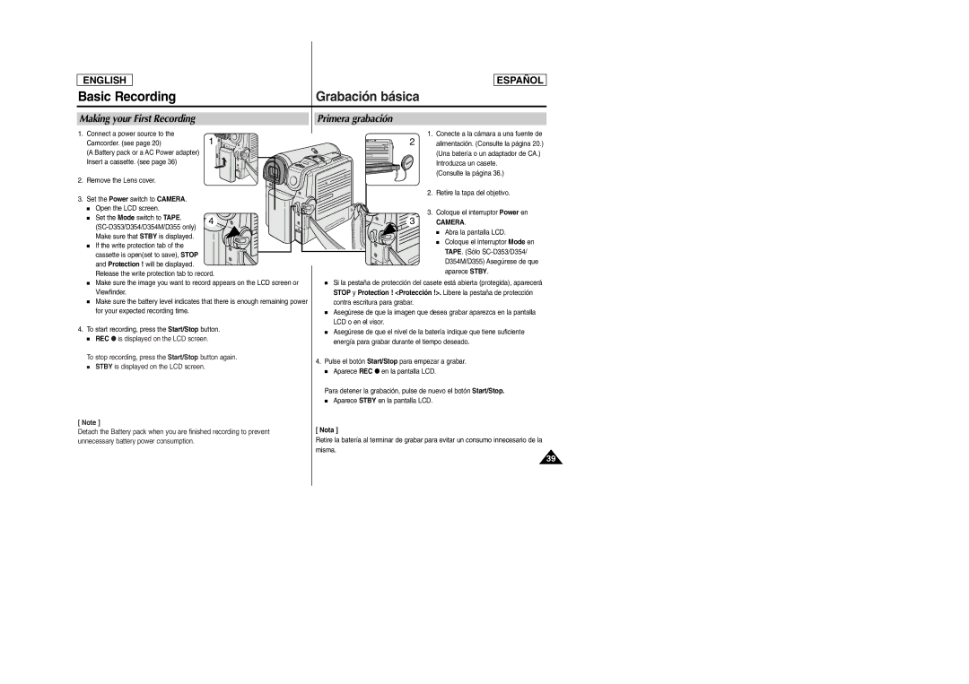 Samsung SC-D354M manual Making your First Recording Primera grabación, Camera 