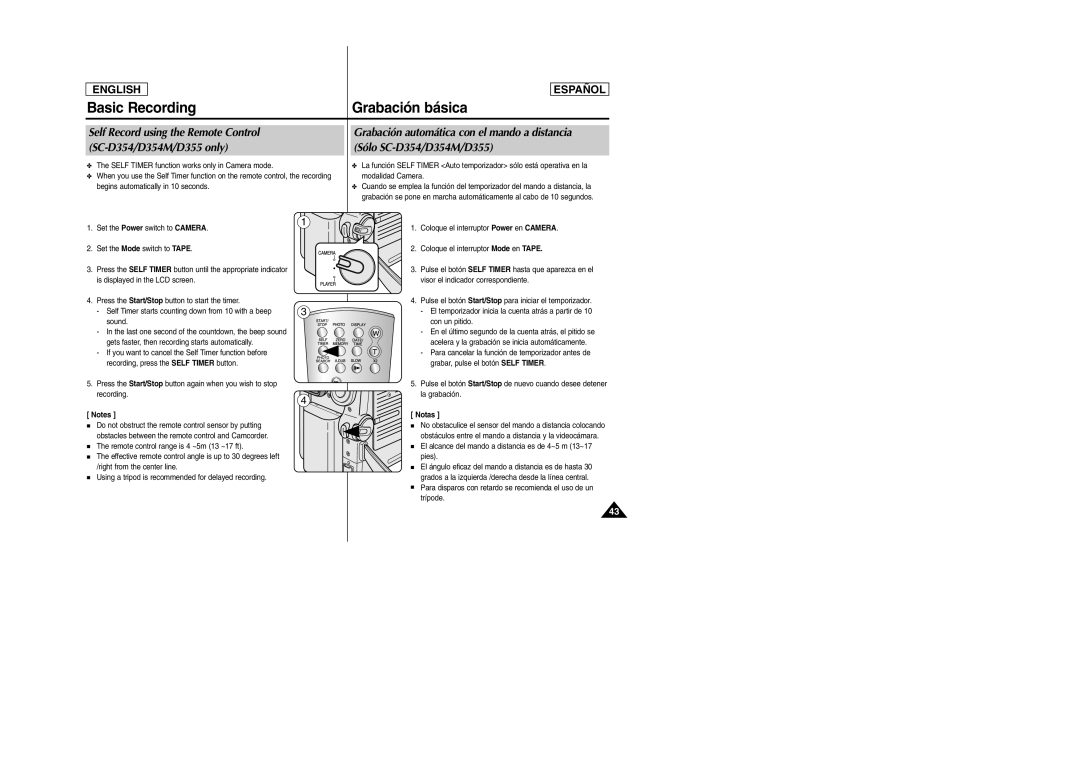 Samsung SC-D354M manual Self Record using the Remote Control, SC-D354/D354M/D355 only Sólo SC-D354/D354M/D355 