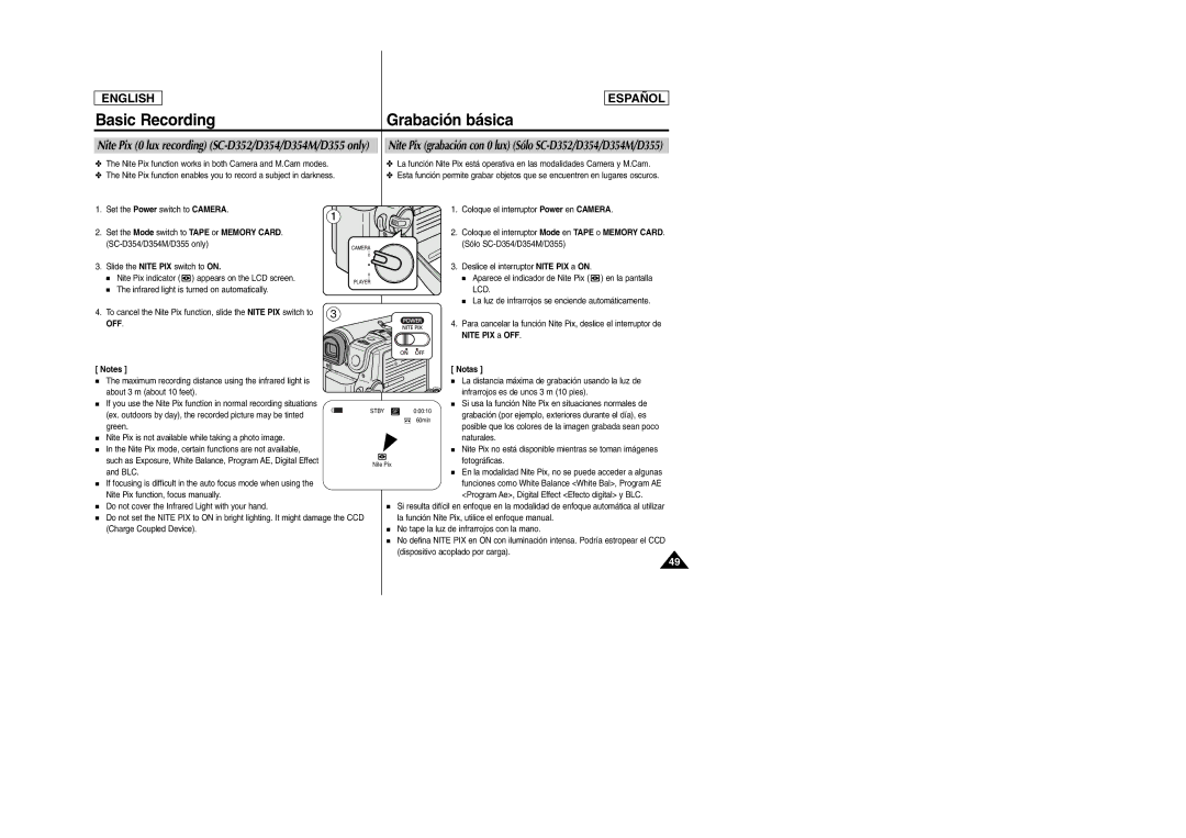 Samsung SC-D354M manual Nite Pix 0 lux recording SC-D352/D354/D354M/D355 only, Naturales 