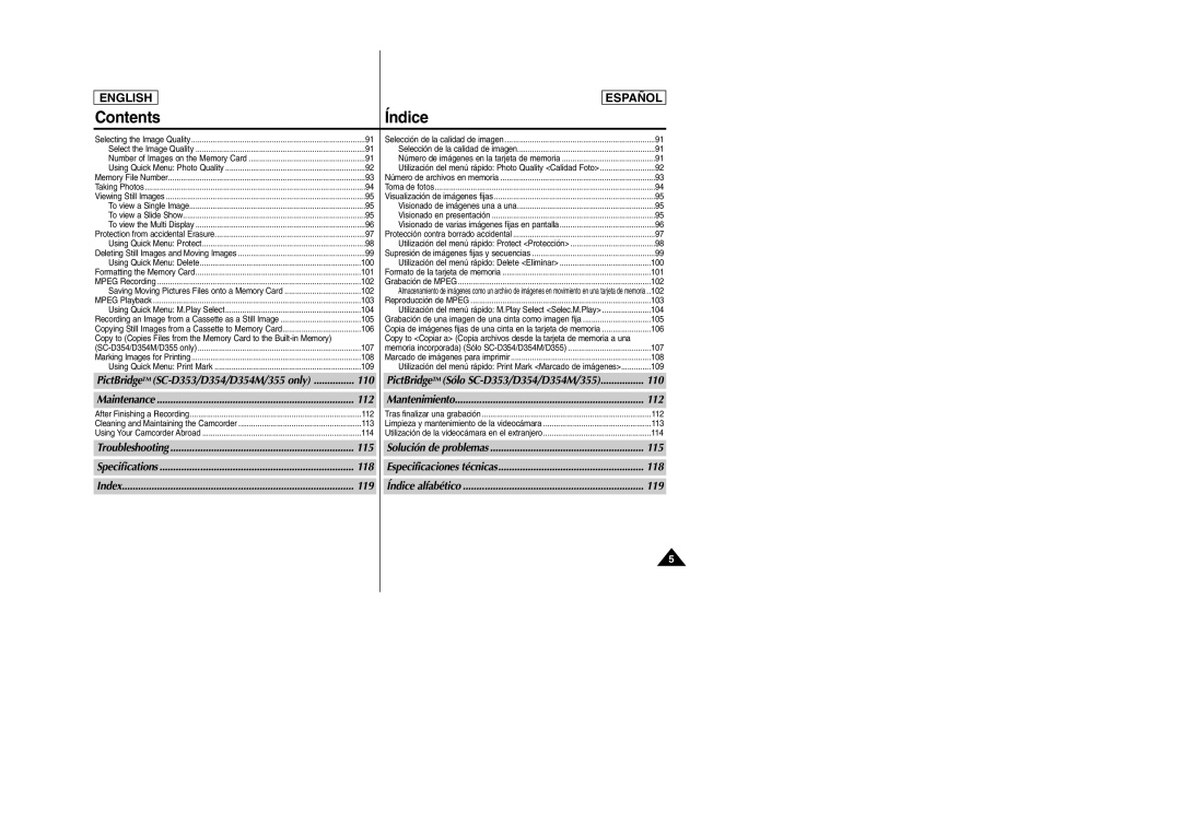 Samsung SC-D354M manual PictBridgeTM SC-D353/D354/D354M/355 only 110, 112, 115, 118, 119 