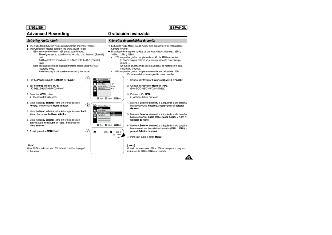 Samsung SC-D354M manual Selecting Audio Mode, Selección de modalidad de audio 