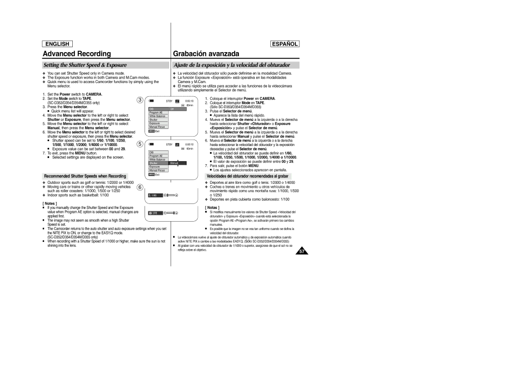 Samsung SC-D354M manual Setting the Shutter Speed & Exposure, Ajuste de la exposición y la velocidad del obturador 