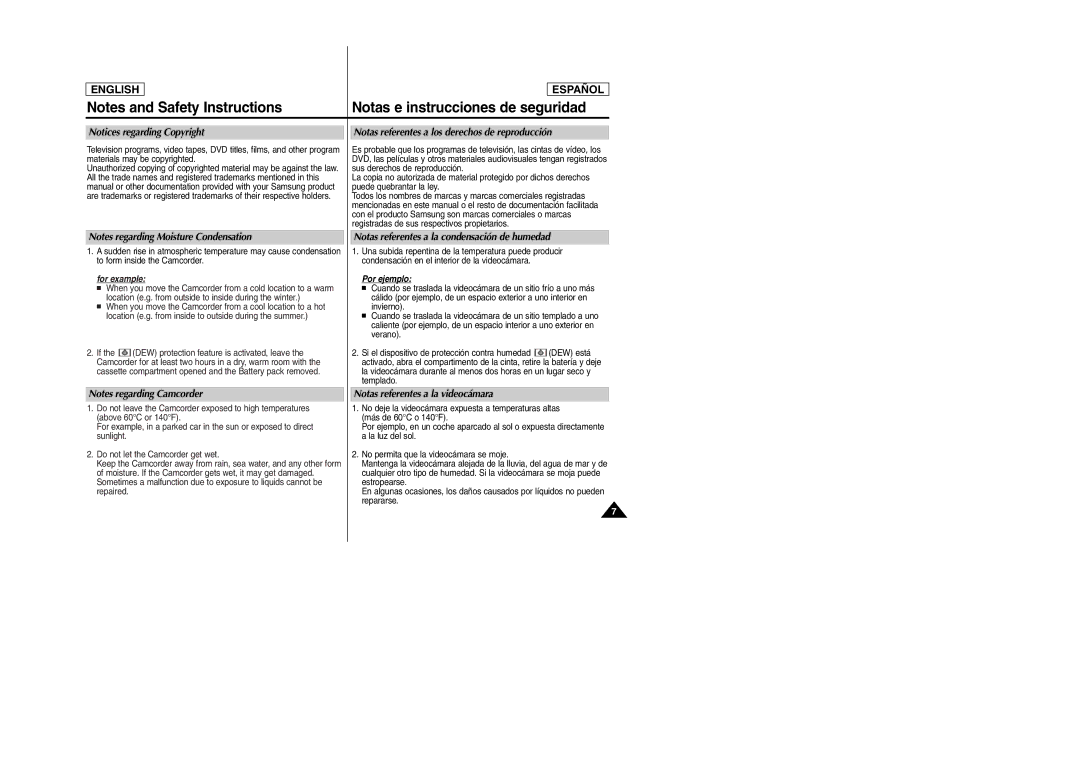 Samsung SC-D354M manual Notas referentes a los derechos de reproducción, Notas referentes a la condensación de humedad 