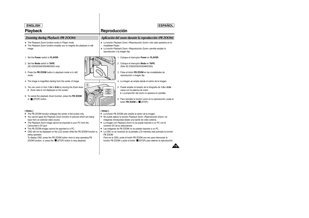 Samsung SC-D354M manual Zooming during Playback PB Zoom, Aplicación del zoom durante la reproducción PB Zoom 