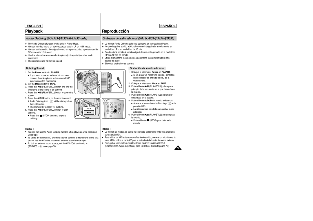 Samsung SC-D354M manual Audio Dubbing SC-D354/D354M/D355 only, Grabación de audio adicional Sólo SC-D354/D354M/D355 