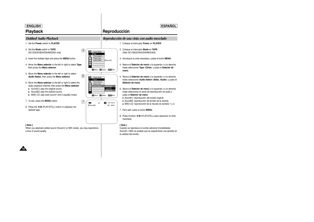 Samsung SC-D354M manual Audio Select, then press the Menu selector 