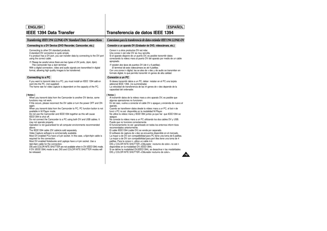 Samsung SC-D354M manual Connecting to a PC, Conexión a un PC 