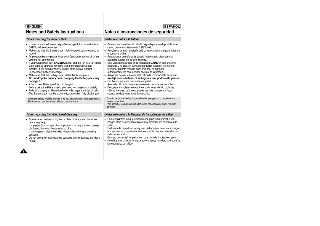 Samsung SC-D354M manual Notas referentes a la batería, Notas referentes a la limpieza de los cabezales de vídeo 