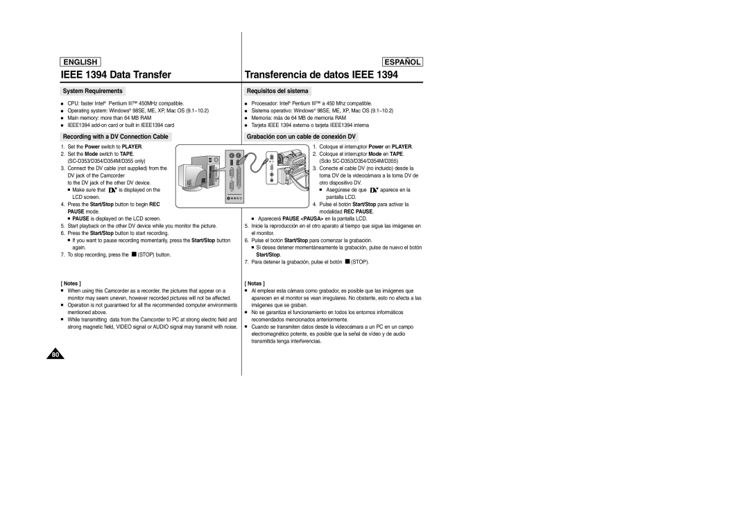 Samsung SC-D354M manual Ieee 1394 Data Transfer, Transferencia de datos Ieee 