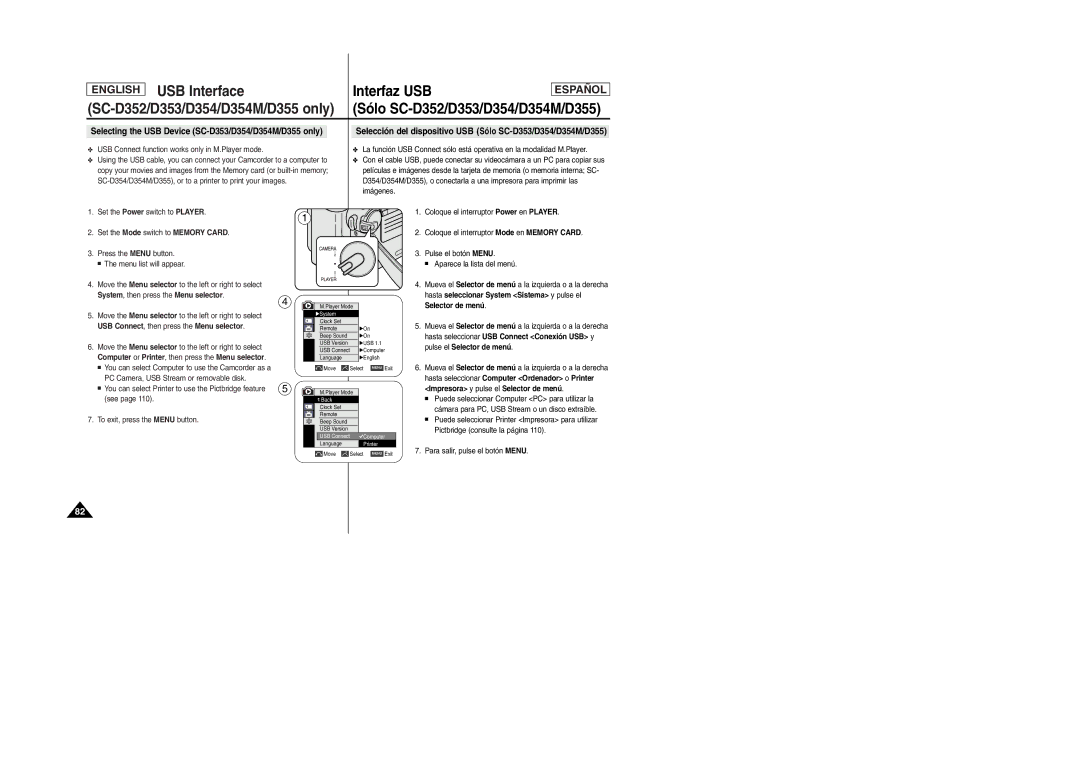 Samsung SC-D354M manual Selecting the USB Device SC-D353/D354/D354M/D355 only, USB Connect , then press the Menu selector 