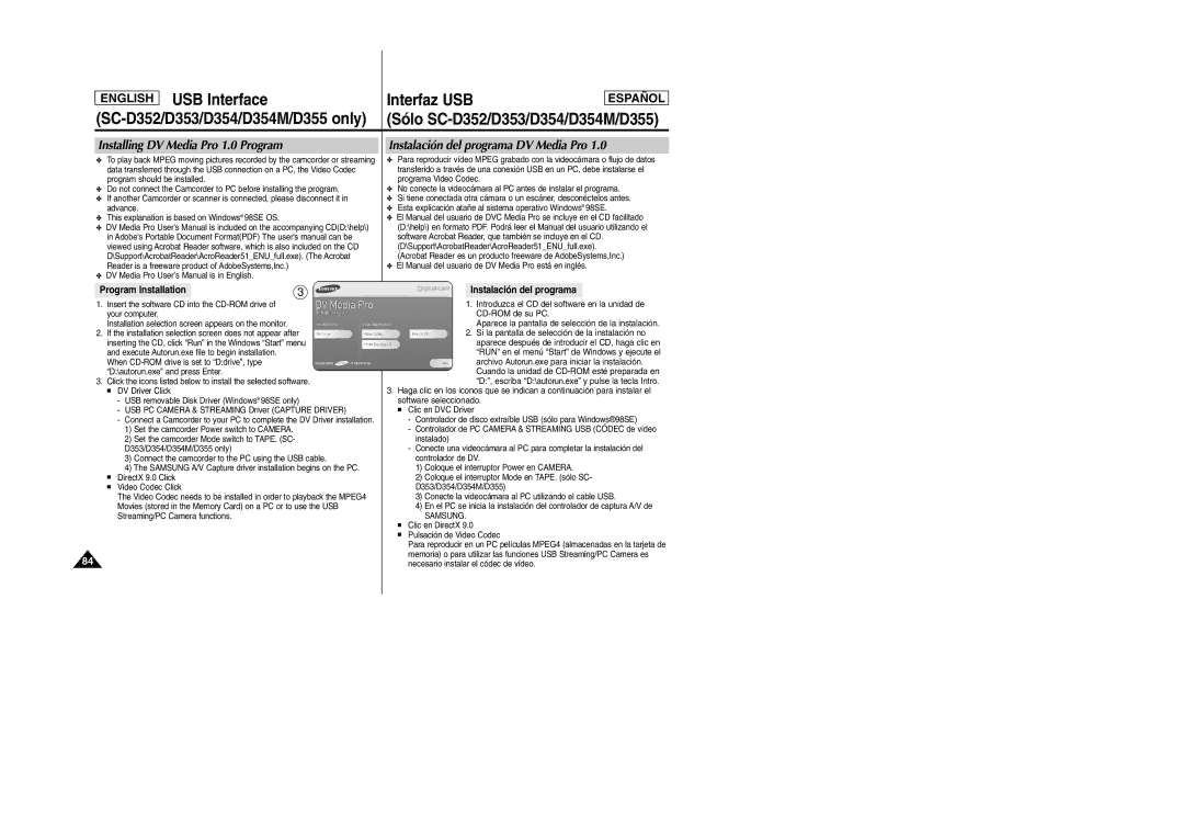 Samsung SC-D354M manual Installing DV Media Pro 1.0 Program, Instalación del programa DV Media Pro, Program Installation 