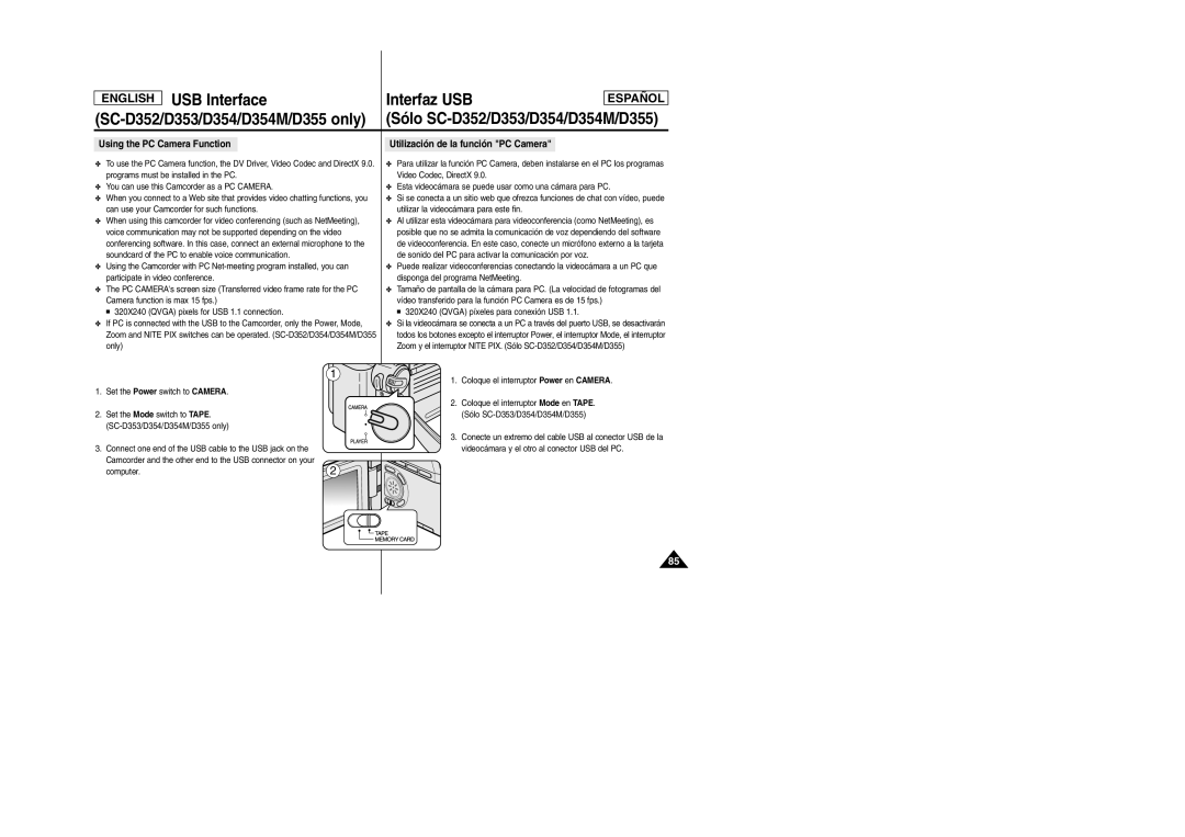 Samsung SC-D354M manual USB Interface Interfaz USB 