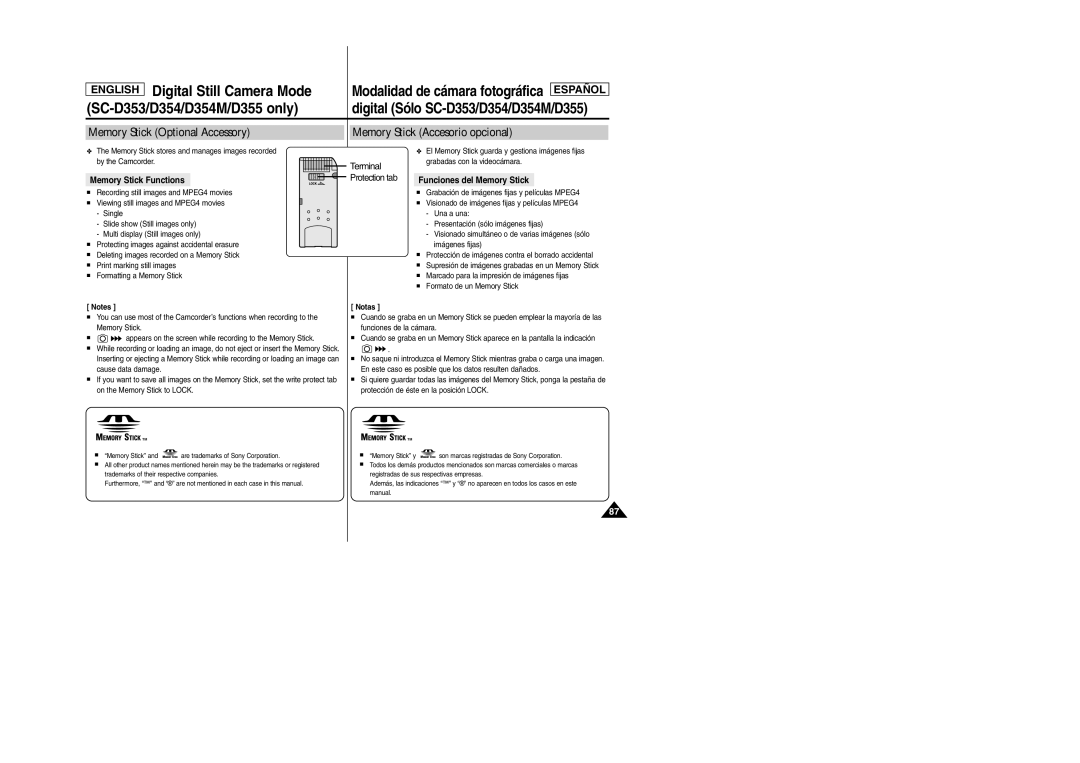 Samsung SC-D354M manual Digital Sólo SC-D353/D354/D354M/D355, Memory Stick Functions, Funciones del Memory Stick 