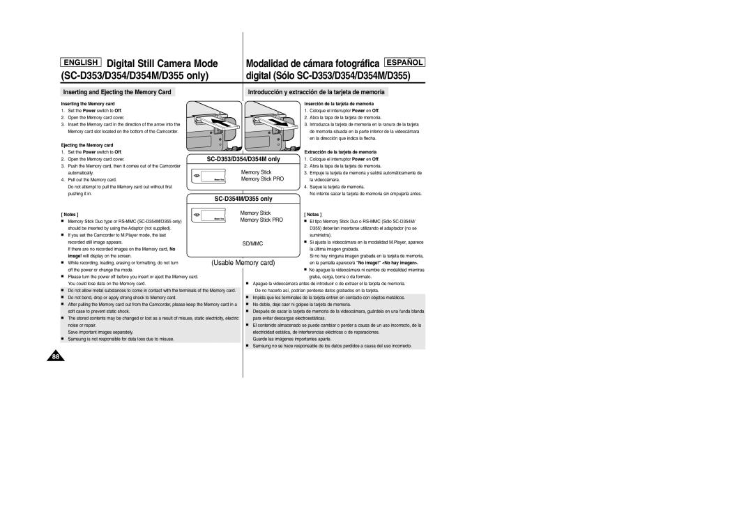 Samsung SC-D354M manual Inserting the Memory card 