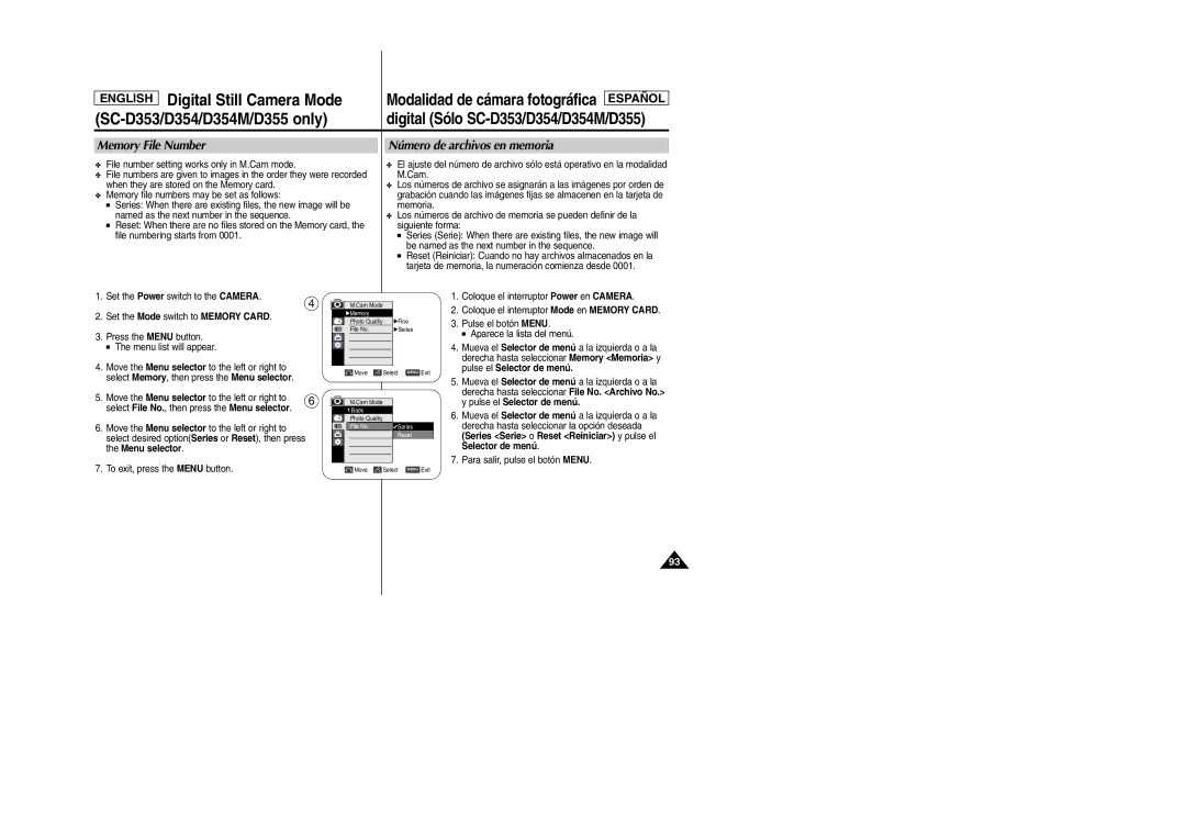 Samsung SC-D354M manual Memory File Number, Número de archivos en memoria 