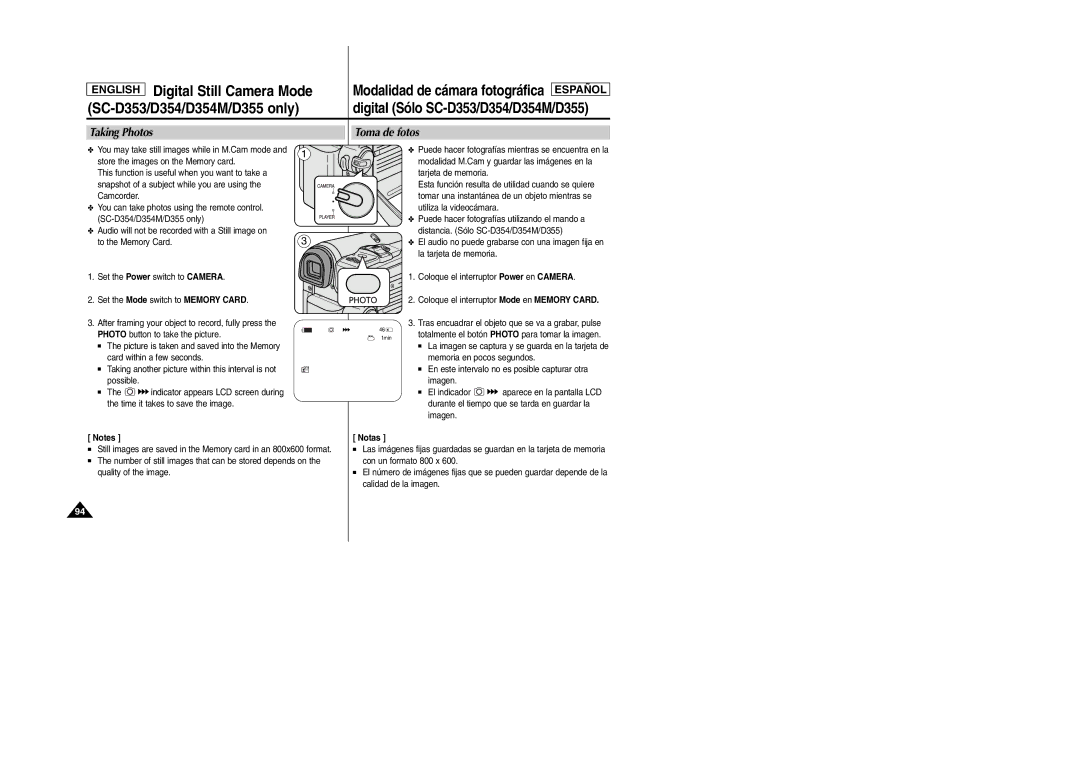 Samsung SC-D354M manual Taking Photos Toma de fotos, Store the images on the Memory card 