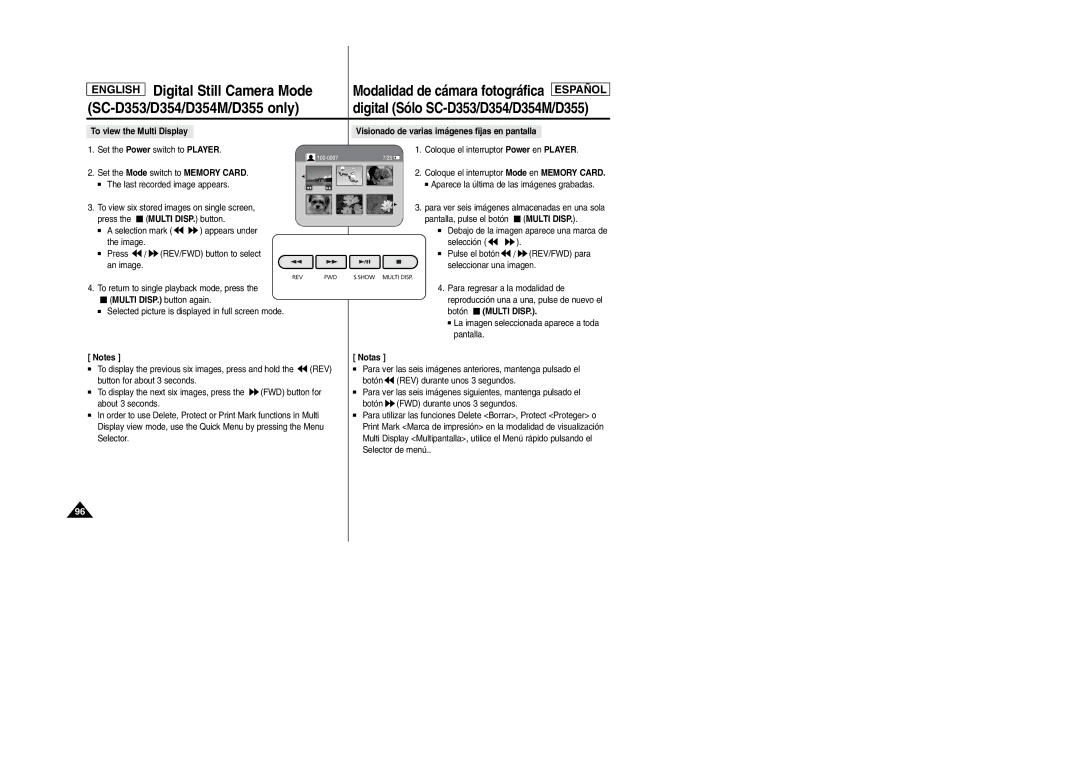 Samsung SC-D354M manual To view the Multi Display, Visionado de varias imágenes fijas en pantalla, Botón Multi Disp 