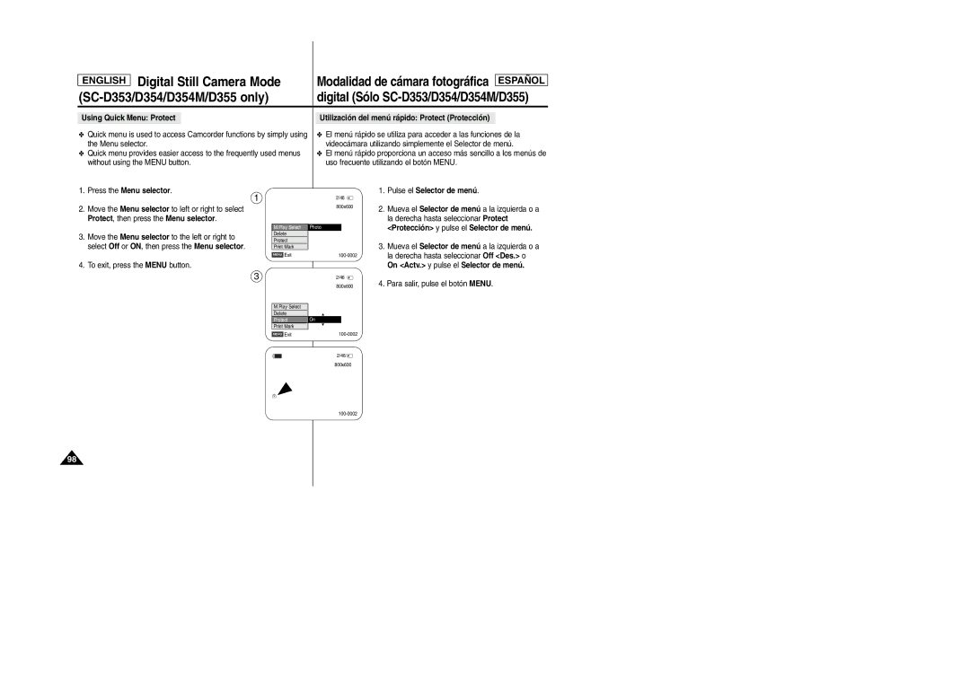 Samsung SC-D354M manual Protect , then press the Menu selector, La derecha hasta seleccionar Protect 