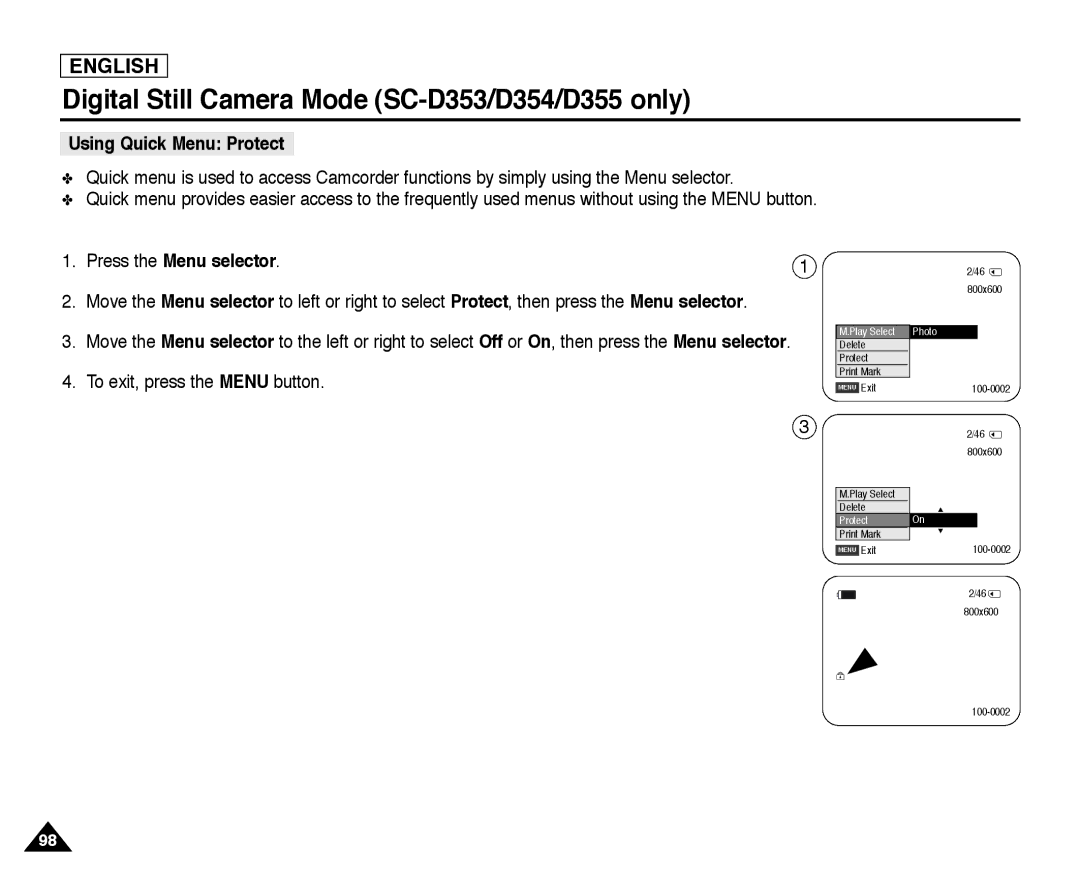 Samsung SC-D355, SC-D352, SC-D354 manual Using Quick Menu Protect, To exit, press the Menu button 