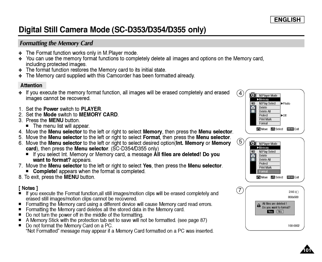 Samsung SC-D355, SC-D352, SC-D354 manual Formatting the Memory Card 