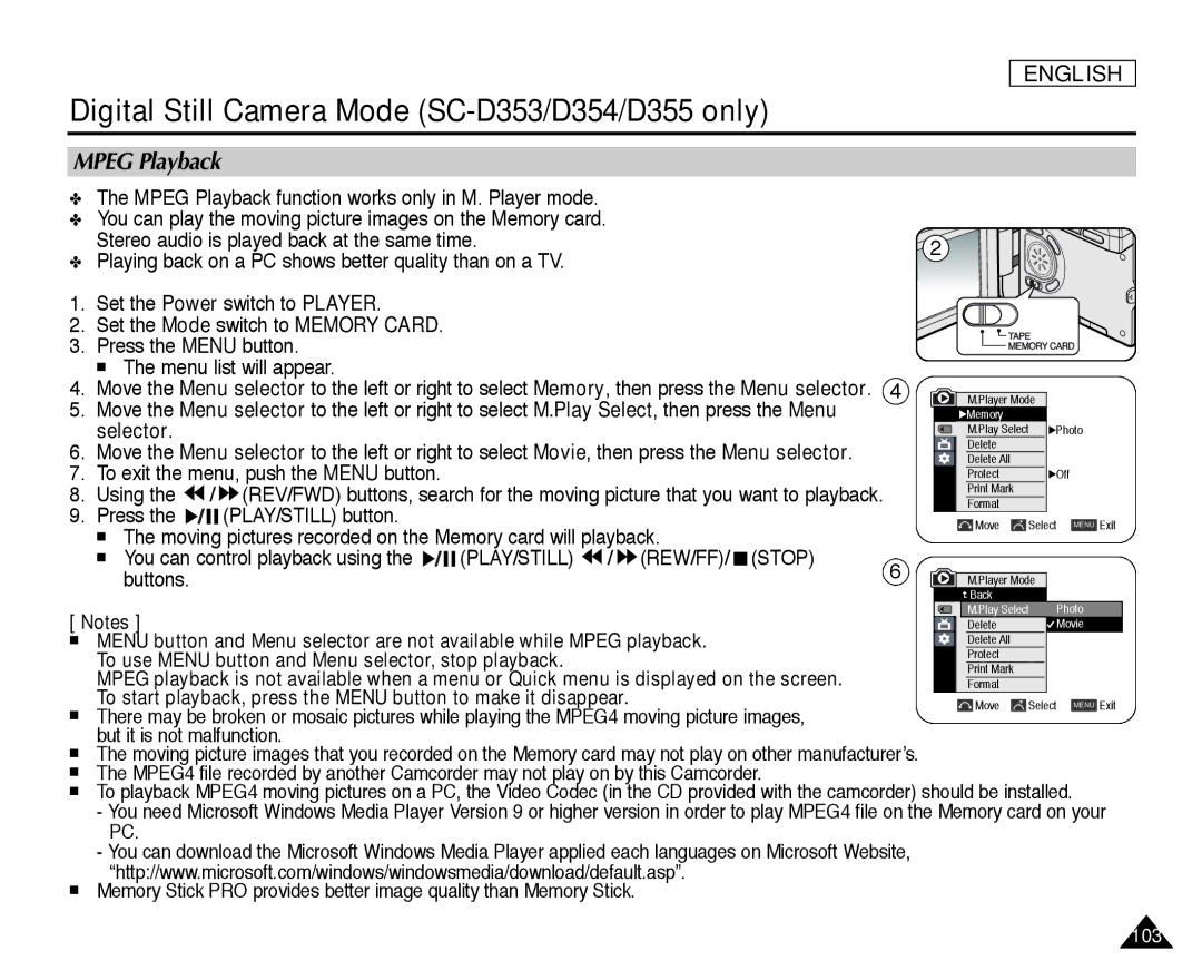 Samsung SC-D354, SC-D355, SC-D352 manual Mpeg Playback function works only in M. Player mode, Using, Buttons 